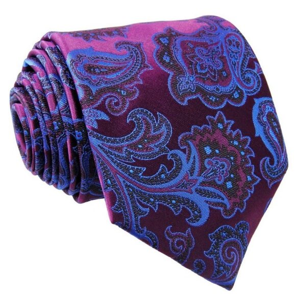 New Hologram Shine Mens Blue Purple Eggplant Black Paisley Design 100% Silk Tie - Picture 6 of 7
